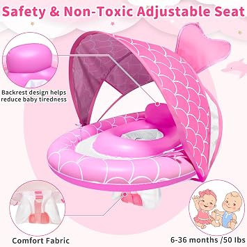Baby Float with Canopy for Age 6-36 Months, UPF50+ Sun Protection 4 Stage Adjustable Canopy Dual Air Chambers Adjustable Safety Seat Inflatable Swim Pool Float for Baby Toddler