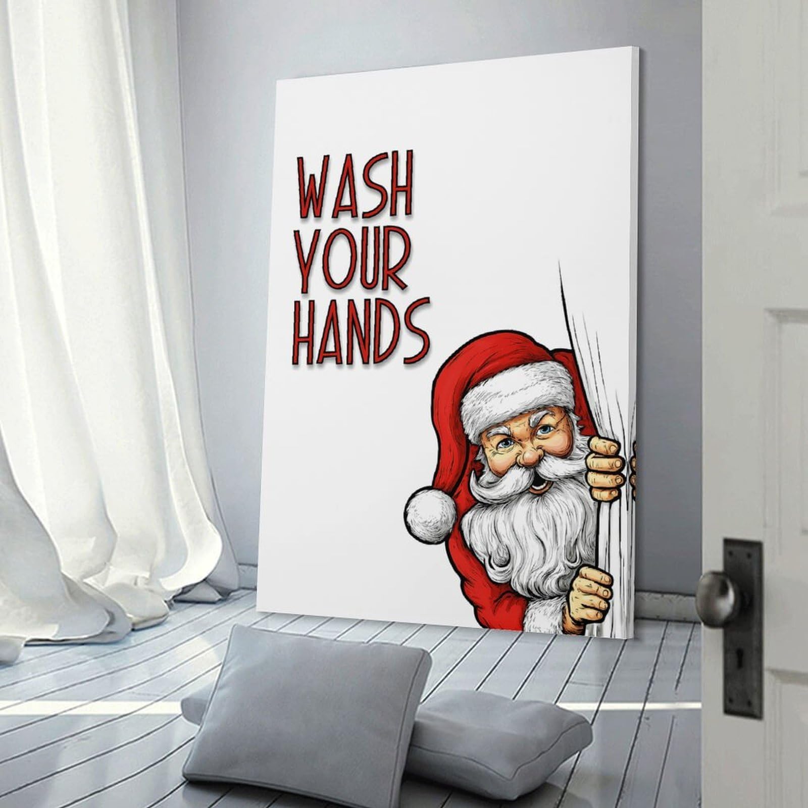 Junmoney Canvas Art Print Santa Claus Wash Your Hands, 20x30inch(50x75cm), for New Homes, Bedrooms Or Workspaces, Thoughtful Wall Decor for Art Lovers
