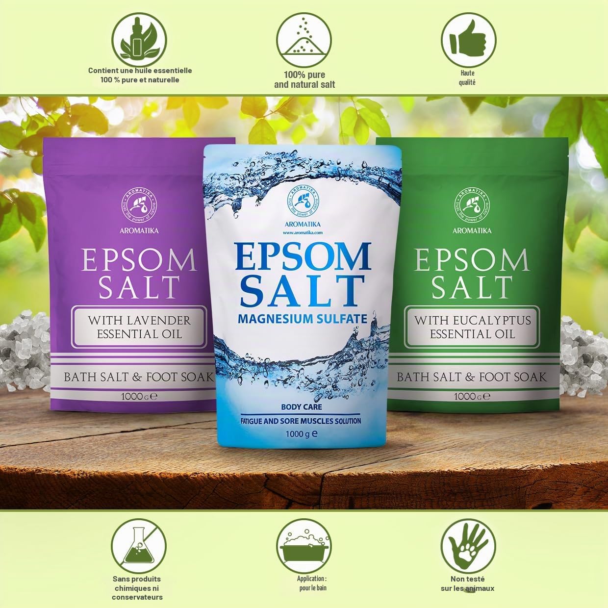 sel de Bain epsom Set 3x1000 g - Sel de Bain Epsom - Huile Essentielle de Eucalyptus & de Lavande - Relaxant - Détente