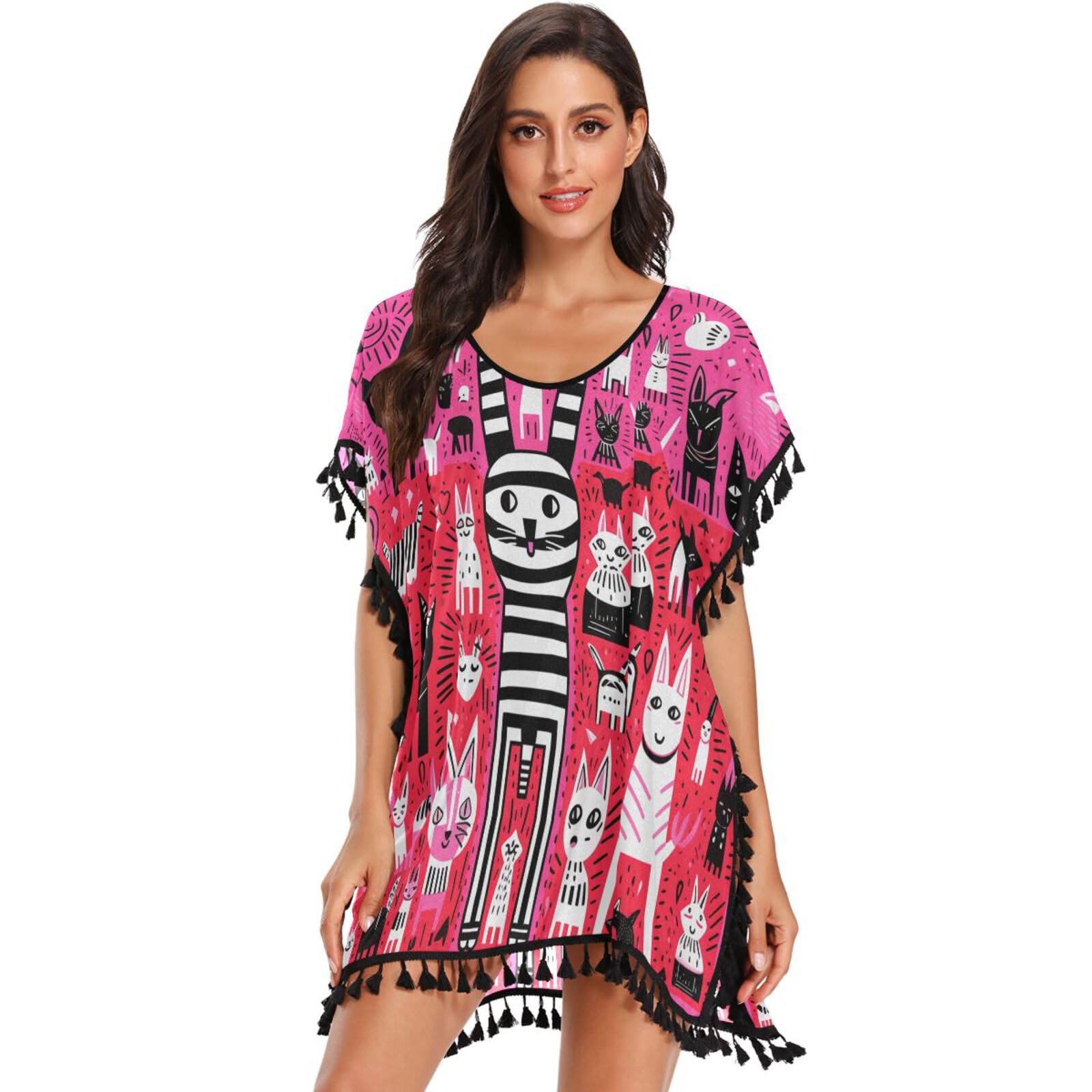 Pink Doodle Art Zebra Women's Beach Cover Up Chiffon Tassel Swimwear Swimsuit Coverups for Girl
