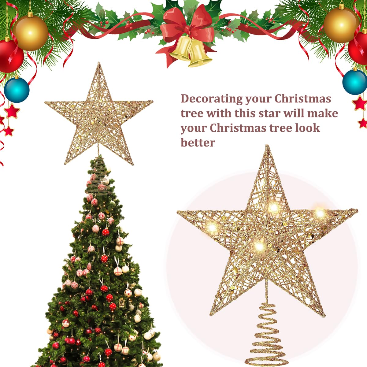 Estrella Brillante para el árbol, Estrella Dorada para el árbol de Navidad, Estrellas Brillantes para el árbol, Árbol de Navidad Estrella, para la decoración del árbol de Navidad, Oro