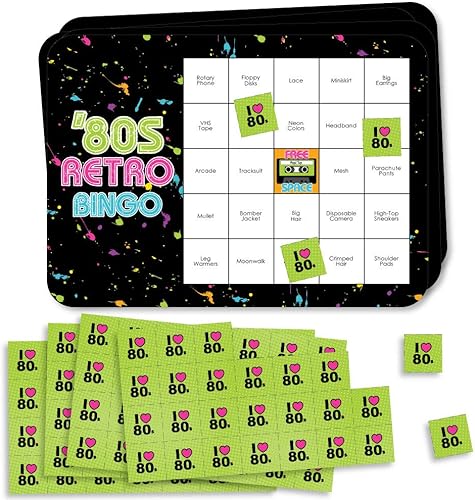 Big Dot of Happiness 80's Retro - Tarjetas y marcadores de bingo de bar - Juego de bingo para fiesta de los años 80 - Juego de 18