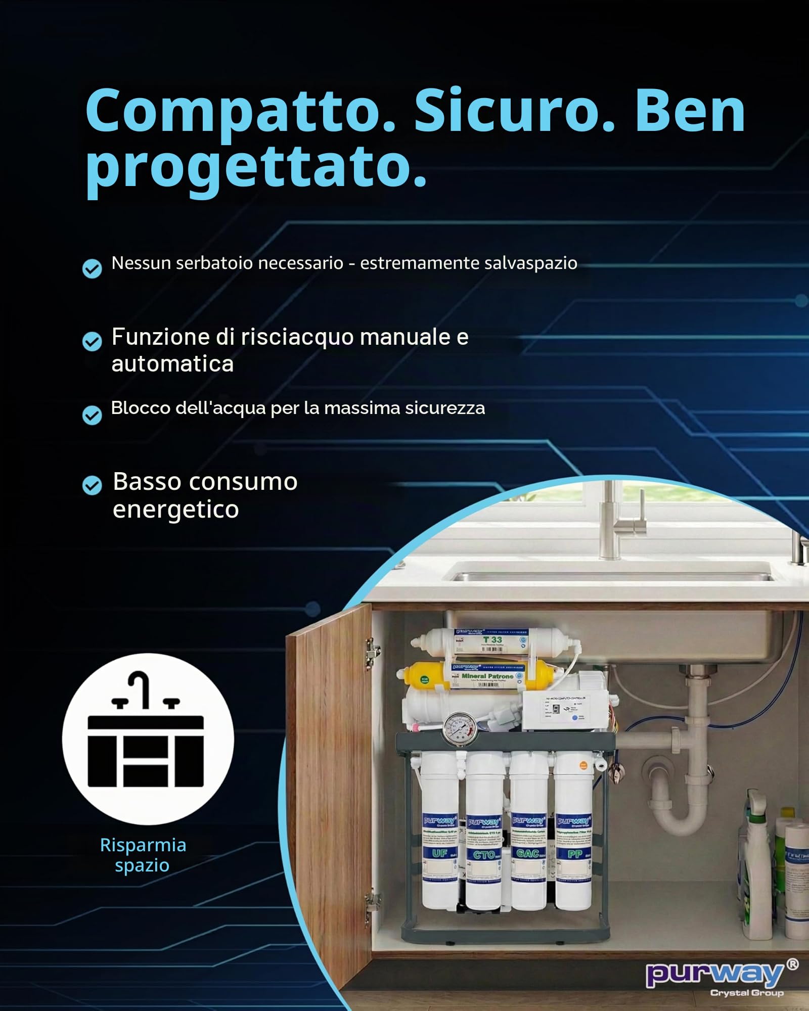 PUR Booster Quick 7 600GPD - Impianto a osmosi inversa, 7 livelli, flusso diretto, senza serbatoio