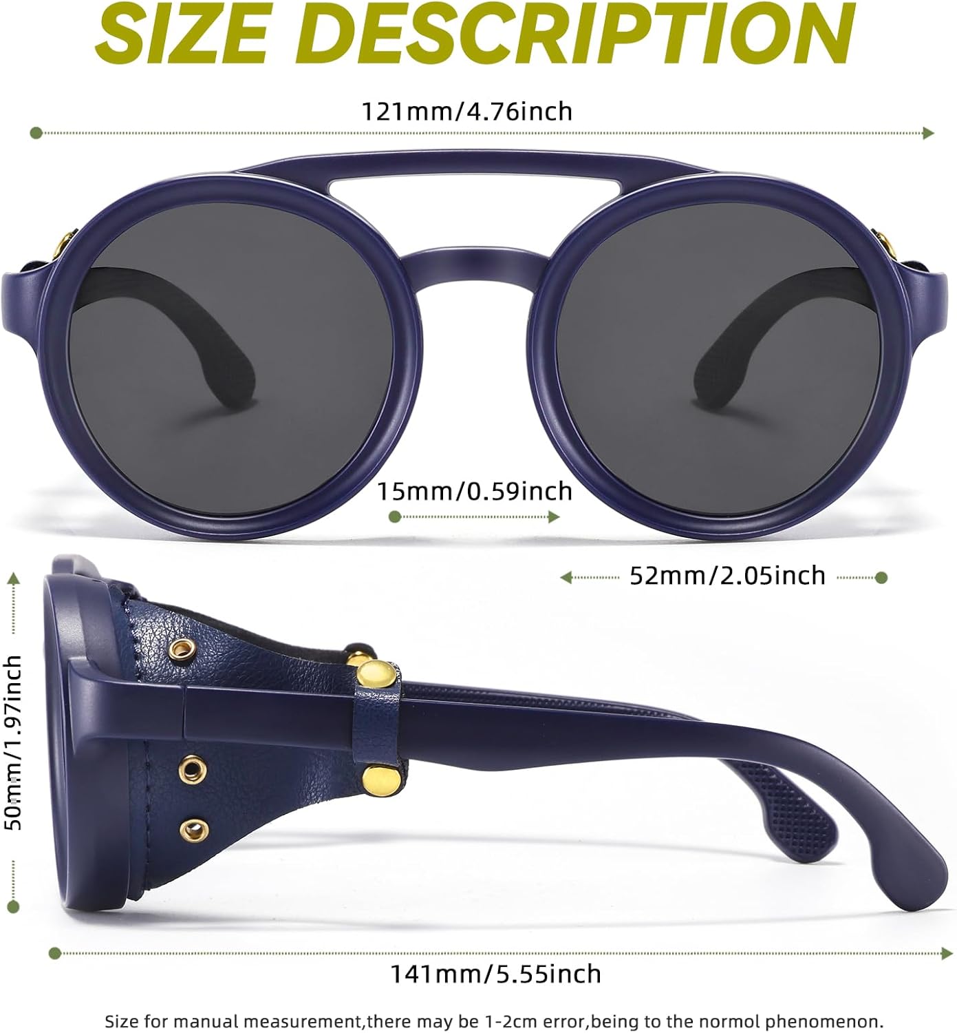 Polarized Round Steampunk Sunglasses with Leather Side Double Bridge Shield Retro Eyewear for Men Women - Image 7