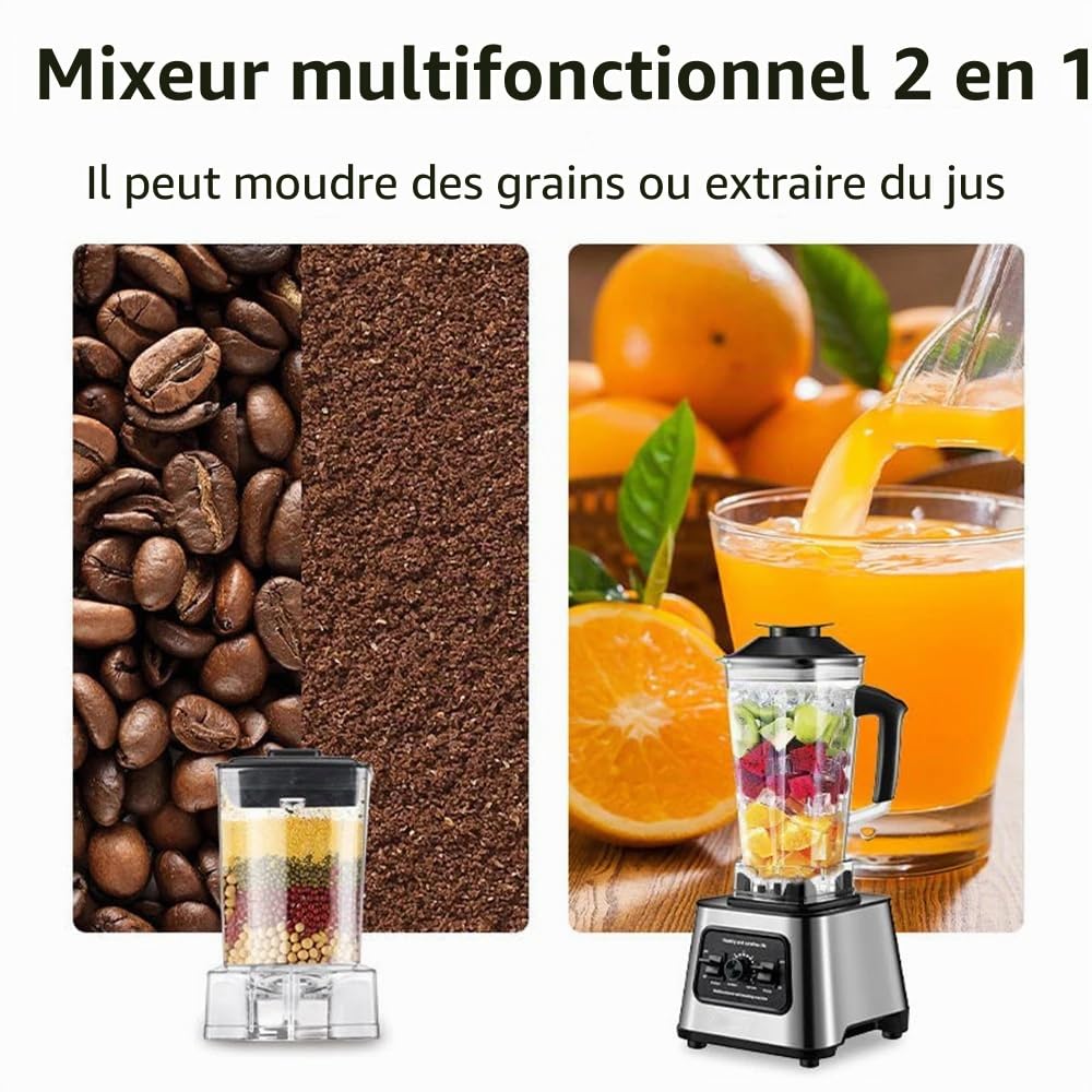 Blender Mixeur Haute Performance 800W, Blender Smoothie Professionnel avec Bol 2L+0.5L Sans BPA, 15 Vitesses Réglables, 4 Lames en Acier Inoxydable pour Smoothies, Glace Pilée, Jus et Soupes