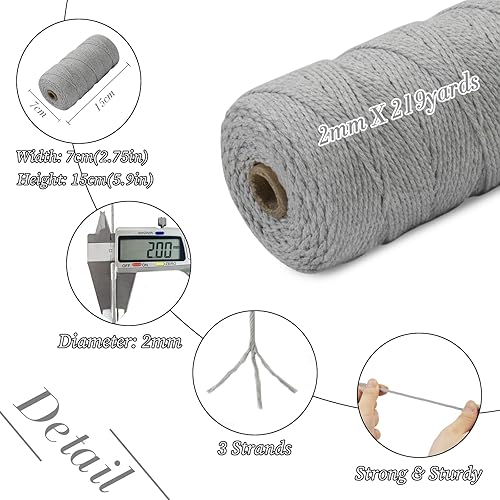 Miniatura 2 de Cordón de macramé de 0.079 pulgadas, hilo de cuerda de macramé de color de 0.07 pulgadas x 219 yardas, cuerda de algodón natural, 3 hebras para