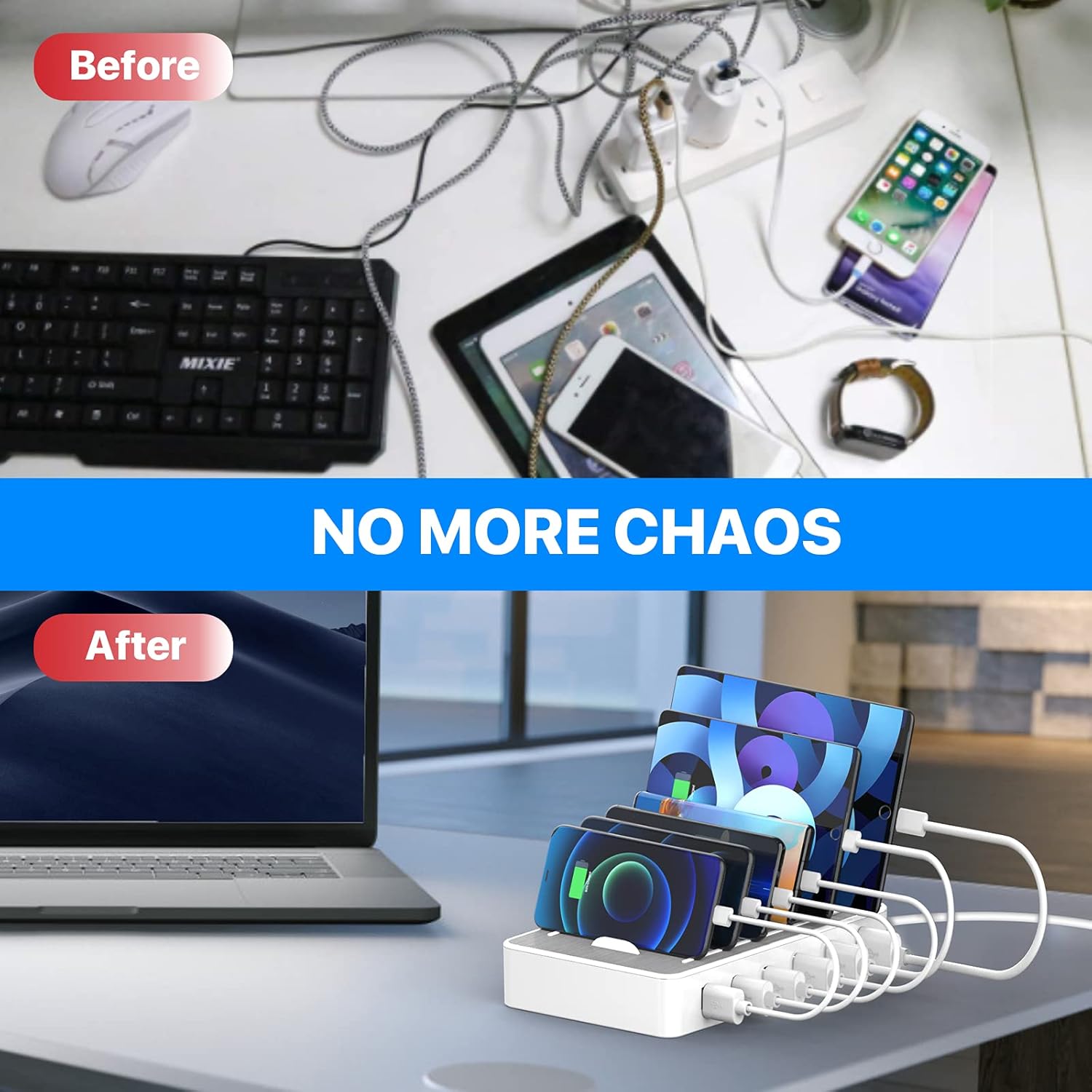 Charging Station for Multiple Devices, 6 USB Fast Ports and 6 Mixed USB Cables Included, for iPhones, Airpods,Mini iPads, and Other Electronics, White : Cell Phones & Accessories