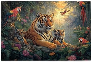 1000 PCS Adult Wooden Jigsaw Puzzle, Adult and Baby Tiger On Rocks, Flying Macaws Overhead,Wonderful Imagination,Unique and Beautiful Design, Colorful RainForests Ecosystem,