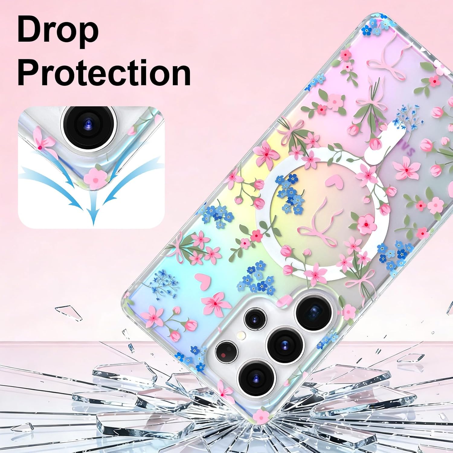 Magnetic Case for Samsung Galaxy S25 Ultra, Compatible with MagSafe, Cute Pink Flower Heart Bow Pattern for Women Girls, Aesthetic Glitter Iridescent Full Camera Protection TPU, White