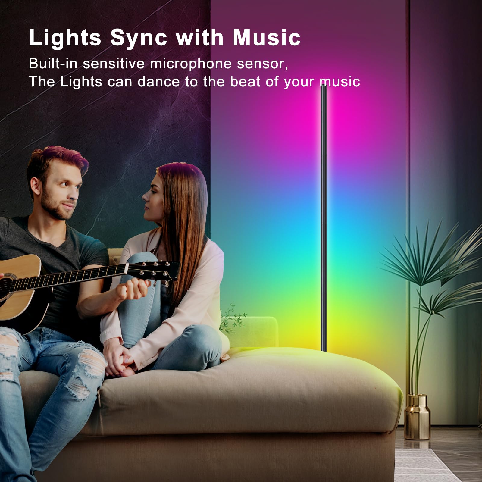 Juego de 2 lámparas de pie de esquina, lámpara de esquina LED RGB con sincronización de música, aplicación inteligente y control remoto, luz ambiental que cambia de color, 16 millones de
