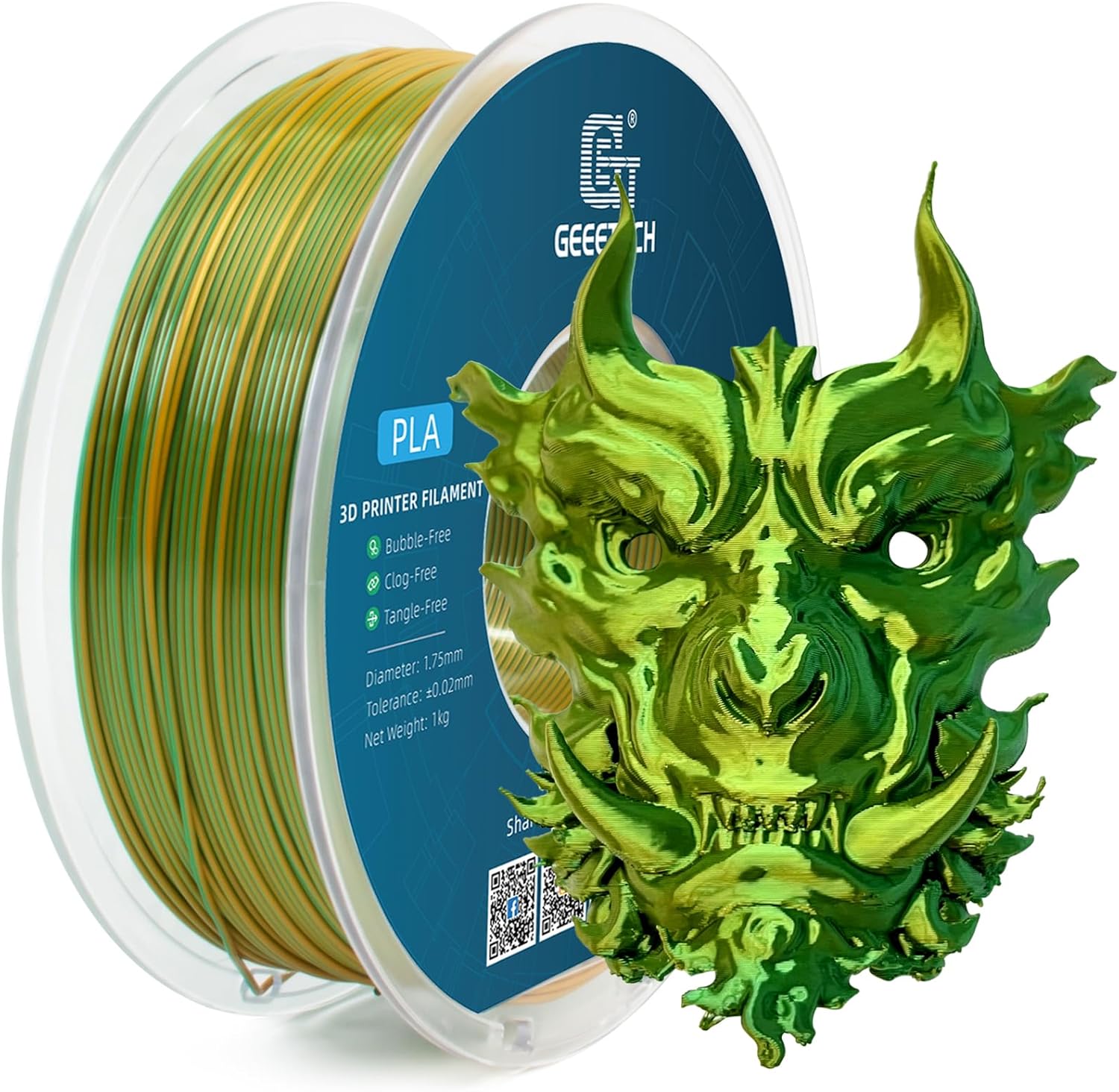 Geeetech 3D Printer Silk PLA Dual Color Filament, Metal-Like Shiny Silk Filament 1.75mm 1kg (2.2lbs) Spool, Dimensional Accuracy +/- 0.02 mm, Silk Yellow Green