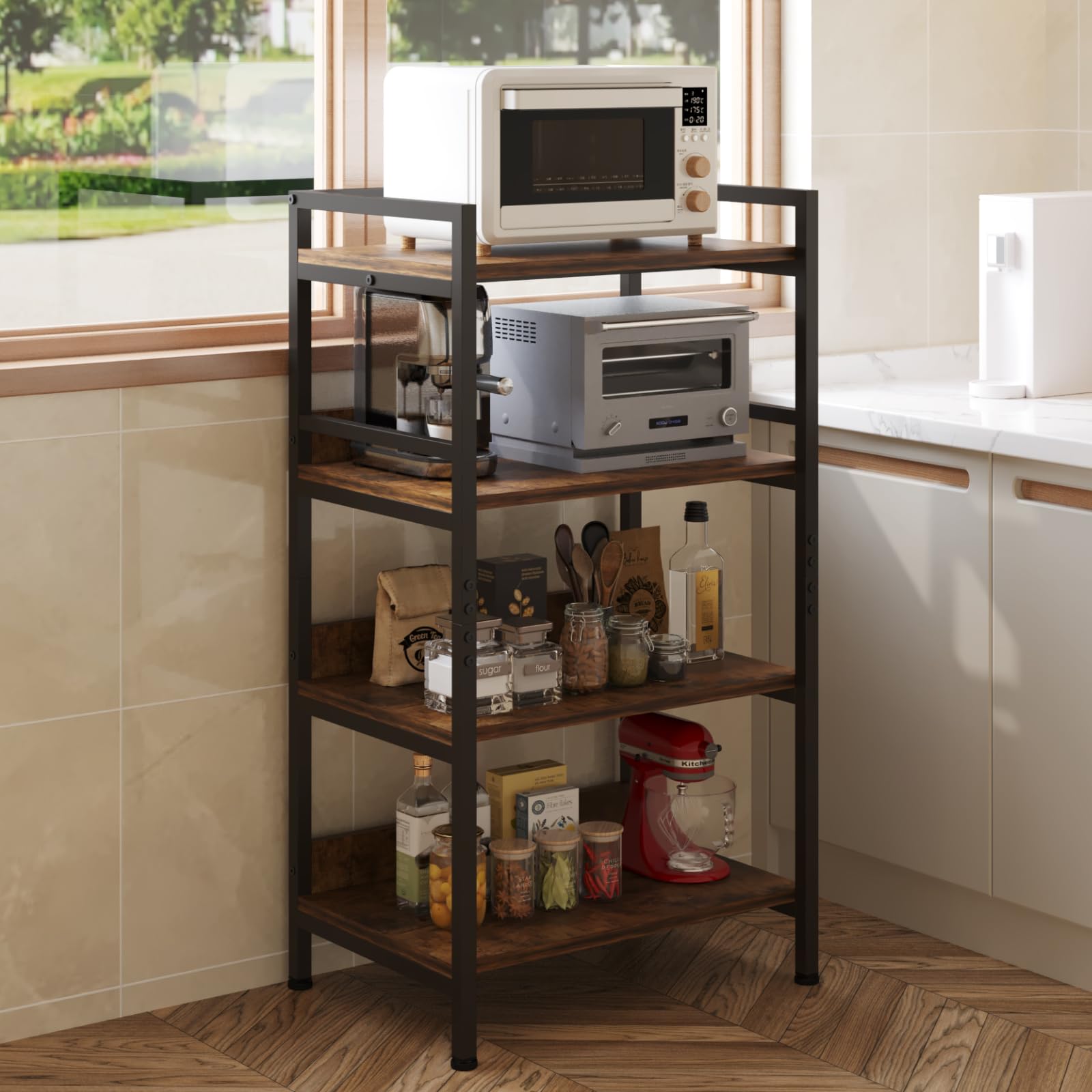 HOME CUBE 4-Tier Metal Storage Shelf with Wooden Shelves, Kitchen Organizer Rack, Microwave Stand, Bookshelf, Standing Shelf Units, Multipurpose Storage Rack for Living Room, Office, Garage, Shops-image-1