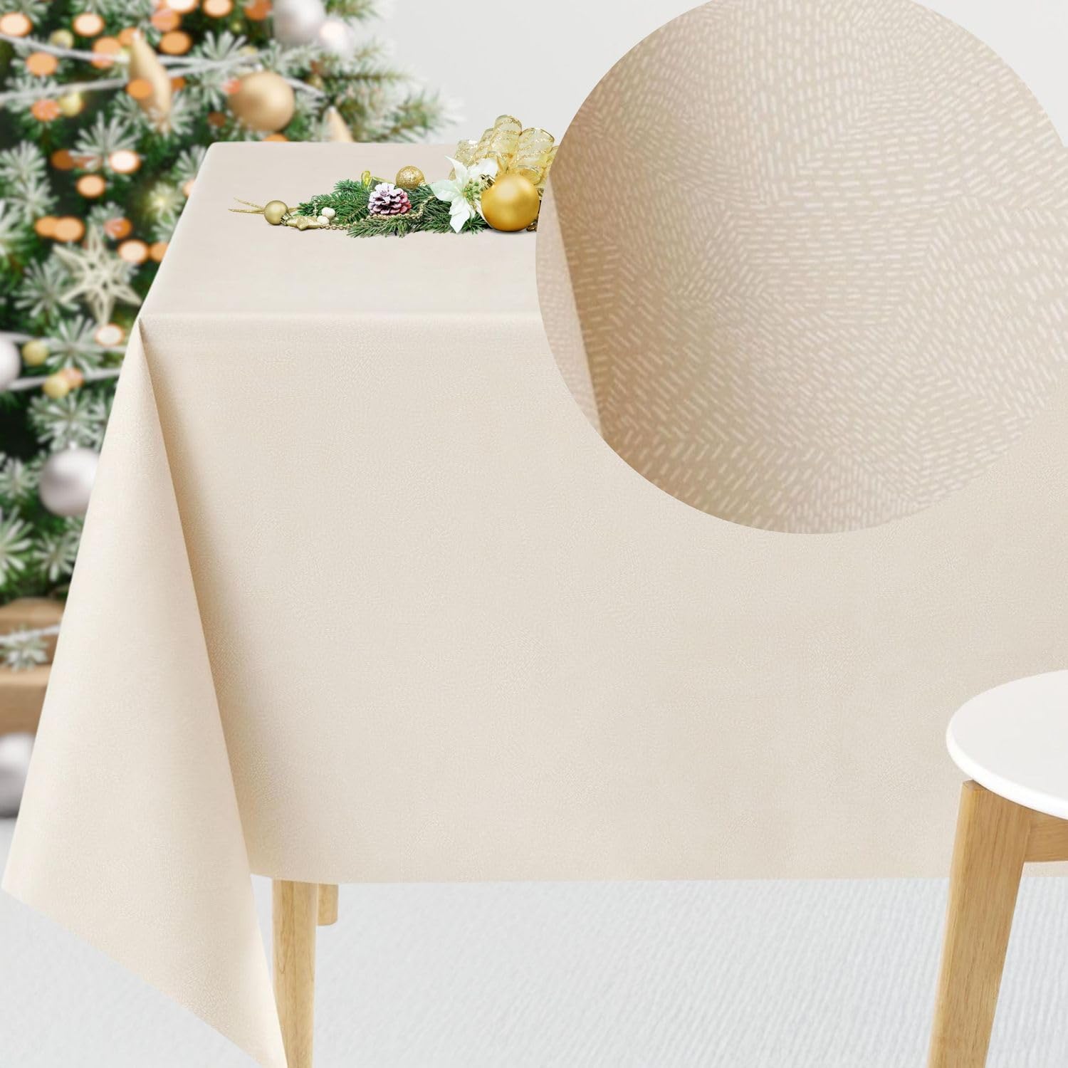 Sponsored Ad – KP HOME Waterproof PVC Tablecloth - Rectangle Oilcloth 78 X 55 in | 200 X 140 cm - Modern Dash Lines Table Clothes Wipe Clean - Vinyl Dinning Wipeable Plastic Table Cover in Cream Beige