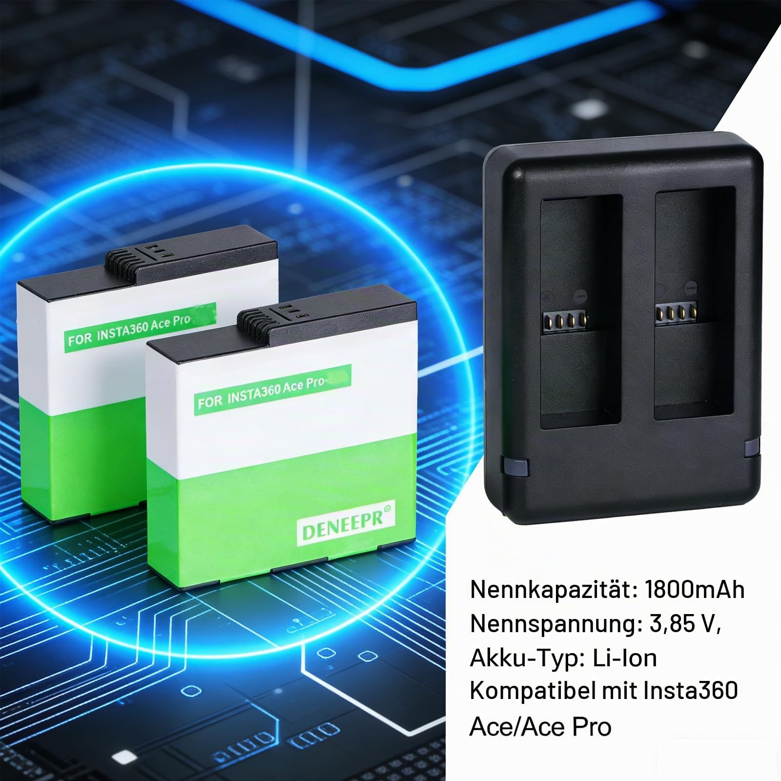 2-Pack Insta 360 Ace Ersatz Akku 1800mAh und USB Ladegerät Kompatibel mit insta360 Ace/Ace Pro/Ace Pro 2 Kamera