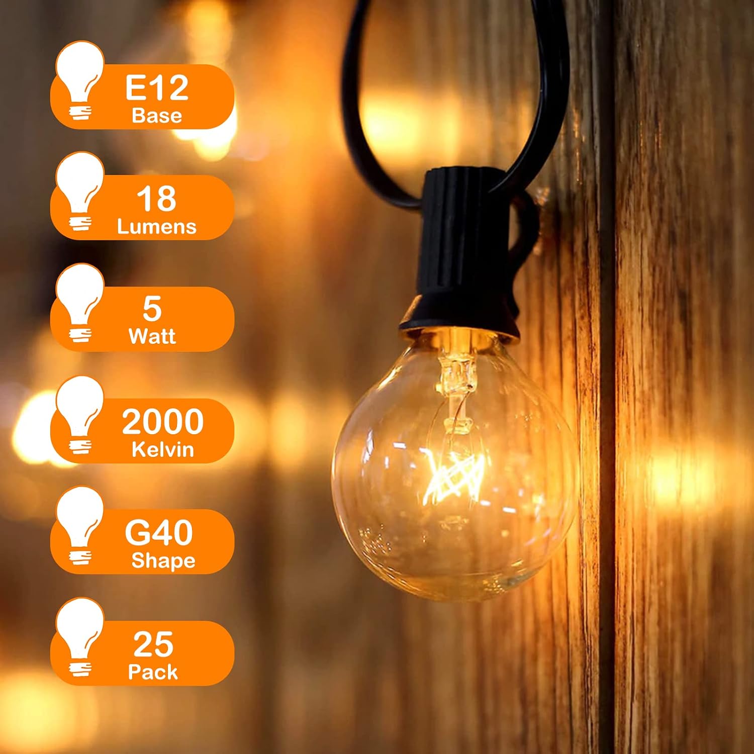 DGE G40 Small Replacement Bulbs for Patio String Lights, 5 Watt Clear Glass Incandescent Bulb with E12 Candelabra Base, 25 Pack