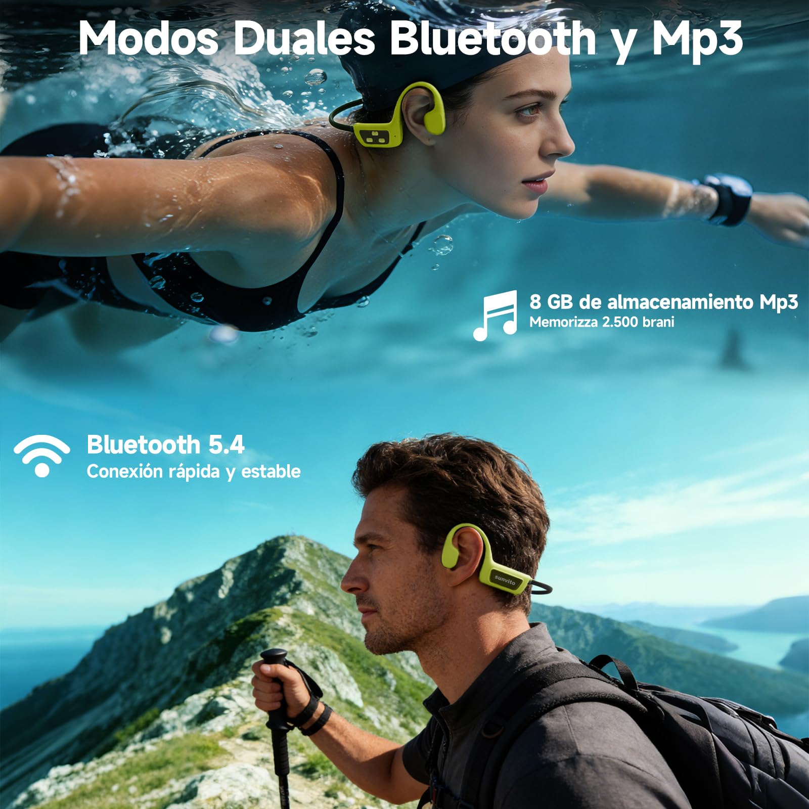Auriculares de conducción ósea para natación, Auriculares inalámbricos Impermeables IPX8, Auriculares Deportivos Abiertos Bluetooth 5.4, MP3 Integrado de 8GB, Adecuados para Ciclismo - Verde