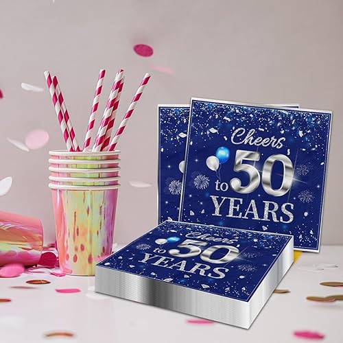 Miniatura 2 de 40 servilletas de cumpleaños número 50, decoraciones para fiestas, 50 años, color azul plateado, desechables, para cumpleaños, bebidas, postres,
