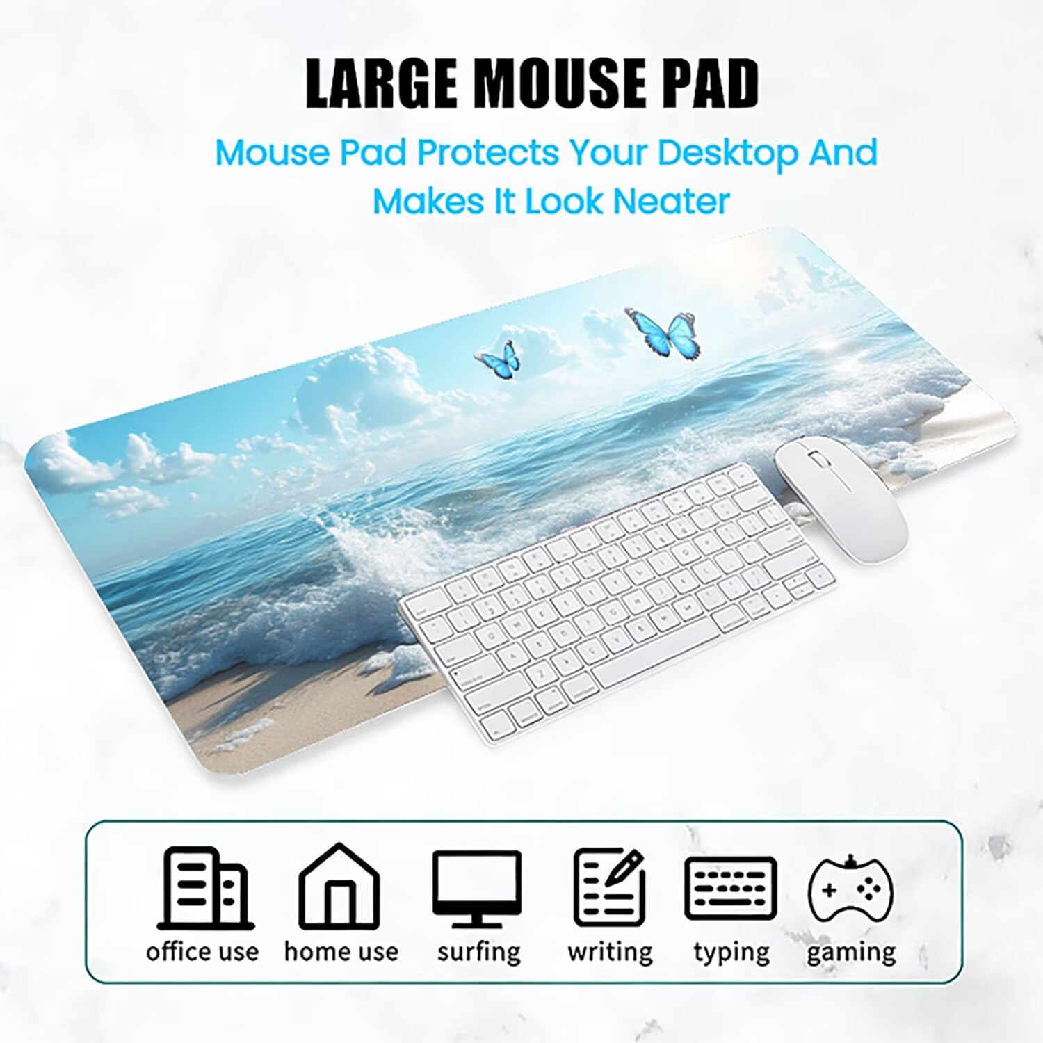 Generico Lejnlnng Tappetino Mouse Gaming XXL -160x80cm - Fiore Tappetino Scrivania Grande, Blu Impermeabile Tappeto Mouse con Base in Gomma Antiscivolo, Mousepad XXL per Gaming e Ufficio JL-8136