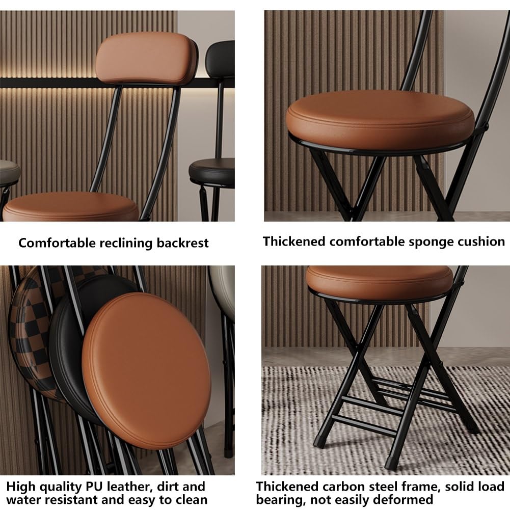 Genérico Taburete De Bar Plegable con Respaldo, Taburete Plegable Portátil, Taburete Plegable Redondo Acolchado De Cuero De PU, 150kg De Capacidad(Brown)