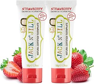 Jack N' Jill Natural Certified Toothpaste - Safe if Swallowed, Contains 40% Xylitol, Fluoride Free, Organic Fruit Flavor, Makes Tooth Brushing Fun for Kids - Strawberry, 1.76 oz (Pack of 1)