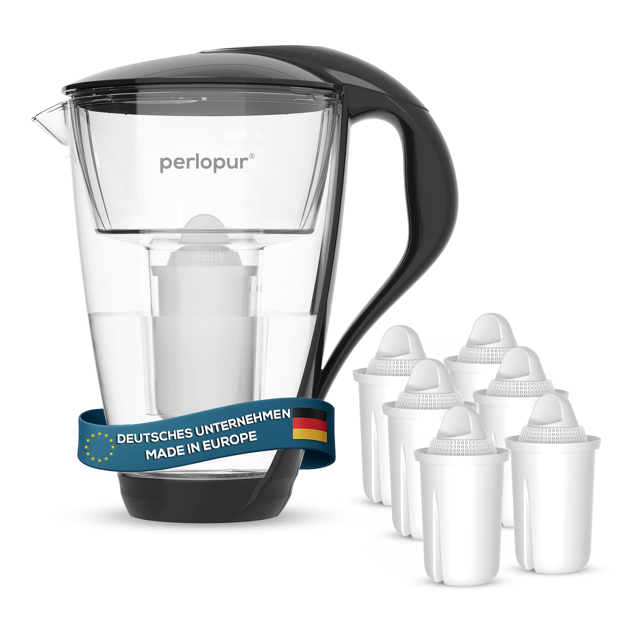 Szklany filtr do wody PearlCo (czarny) z 6 wkładami filtrującymi Classic – redukcja kamienia, chloru, ołowiu i miedzi ze szklanym dzbankiem – kompatybilny z Brita Classic – wyprodukowano w UE
