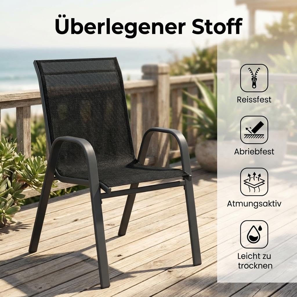 Gartenstühle Stapelbar Stapelstuhl, 4er Set Camping Stapelbar Hochlehner Terrassenstuhl Mit Textilene&Metallrahmen, Balkonstuhl Für Balkon, Garten Usw. 54x76x96cm(Schwarz)