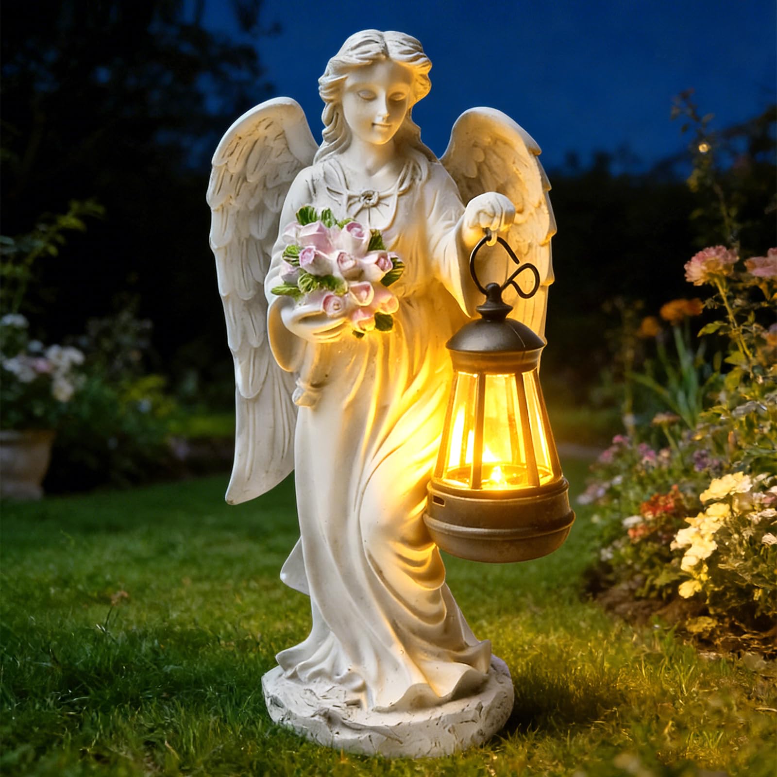 GOMETY Estatuas de ángel solar para jardín, figura de ángel de la guarda con linterna solar LED, luz para tumba, decoración al aire libre, escultura de ángel, decoración de césped, figura de ángel de