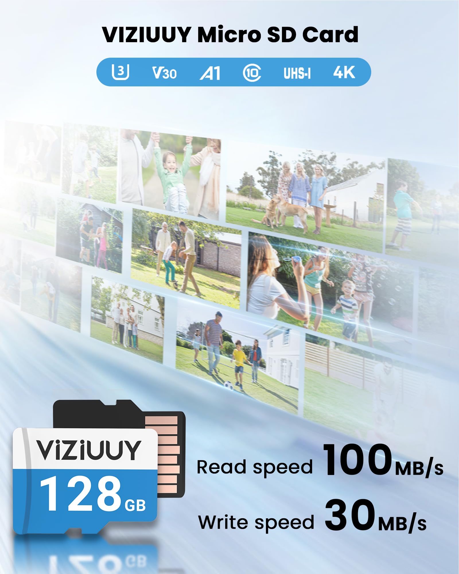 VIZIUUY Carte mémoire Micro SD 128 Go pour caméras de sécurité, lecture 90 Mo/sec, écriture 25 Mo/sec, carte mémoire pour caméras de sécurité solaires intérieures et extérieures, caméra d'action