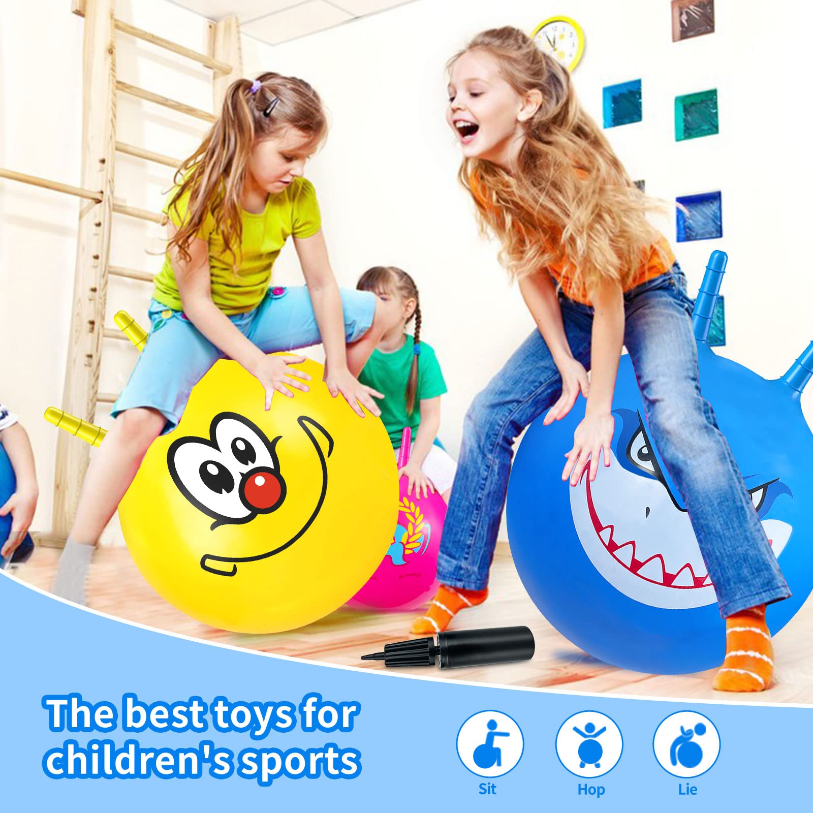 3 bolas de tolva, bola inflable con mango y bomba para niños, bolas inflables de 18 pulgadas para deportes al aire libre en interiores y juegos de salto de equilibrio (amarillo+rosa + azul)