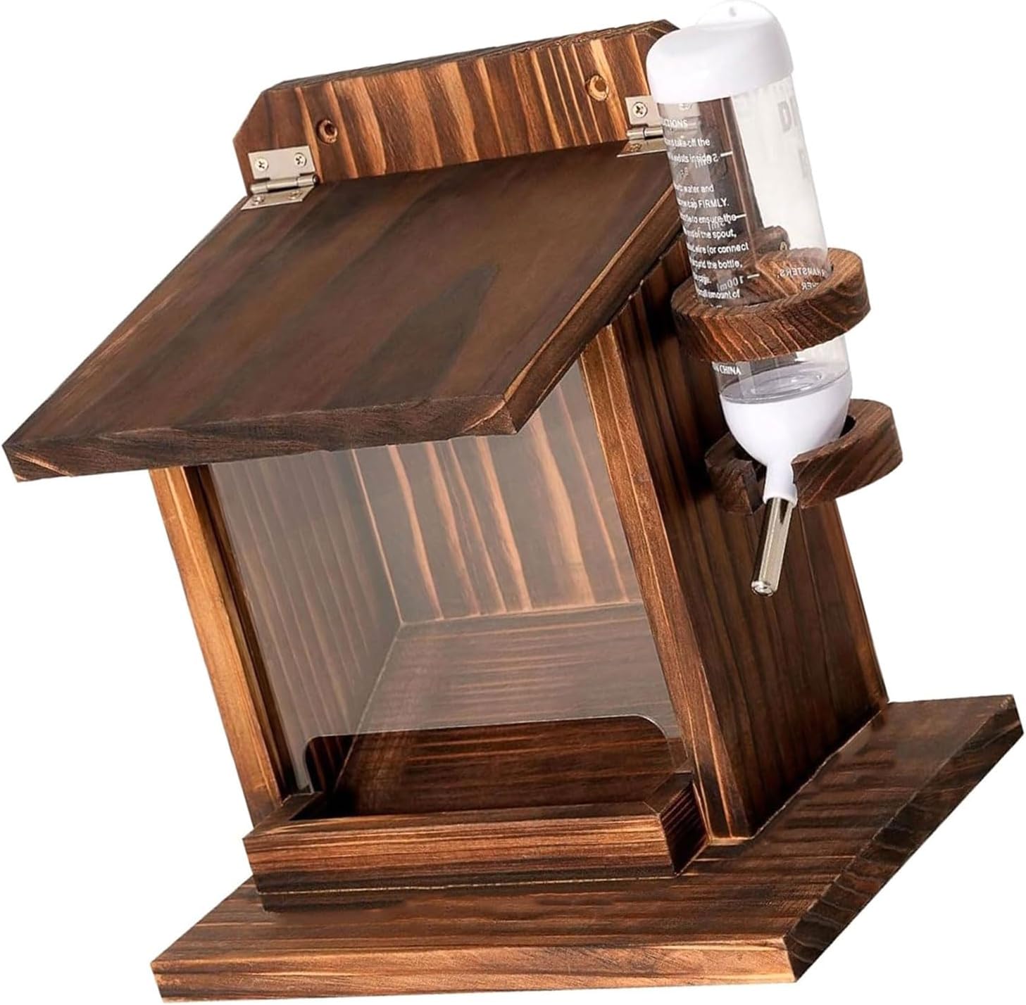 Outdoor Animal Feeding Station with Double Compartments and Visible Food Monitor Easyly Install Wooden Wildlife Feeders