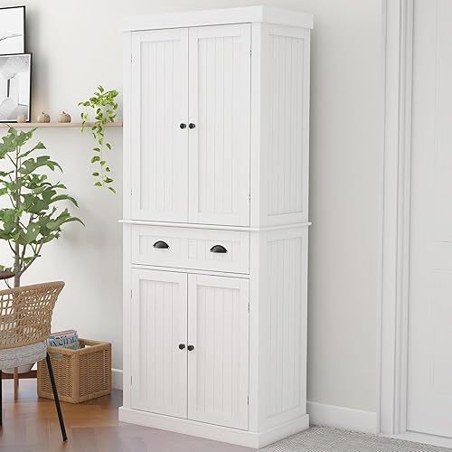 VVFLU Kitchen Pantry Storage Cabinet with Doors and Shelves, 72" Tall Cupboard Freestanding, Linen Utility Cabinet, 4 Doors, 1 Deep Drawer, Modern, for Dinning Room, Living Room, Laundry