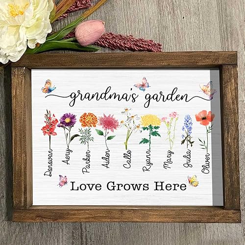 Miniatura 4 de Letrero personalizado con marco de jardín de mamá con nombres de nietos y flor de nacimiento para regalo del día de la madre, regalos de abuela,