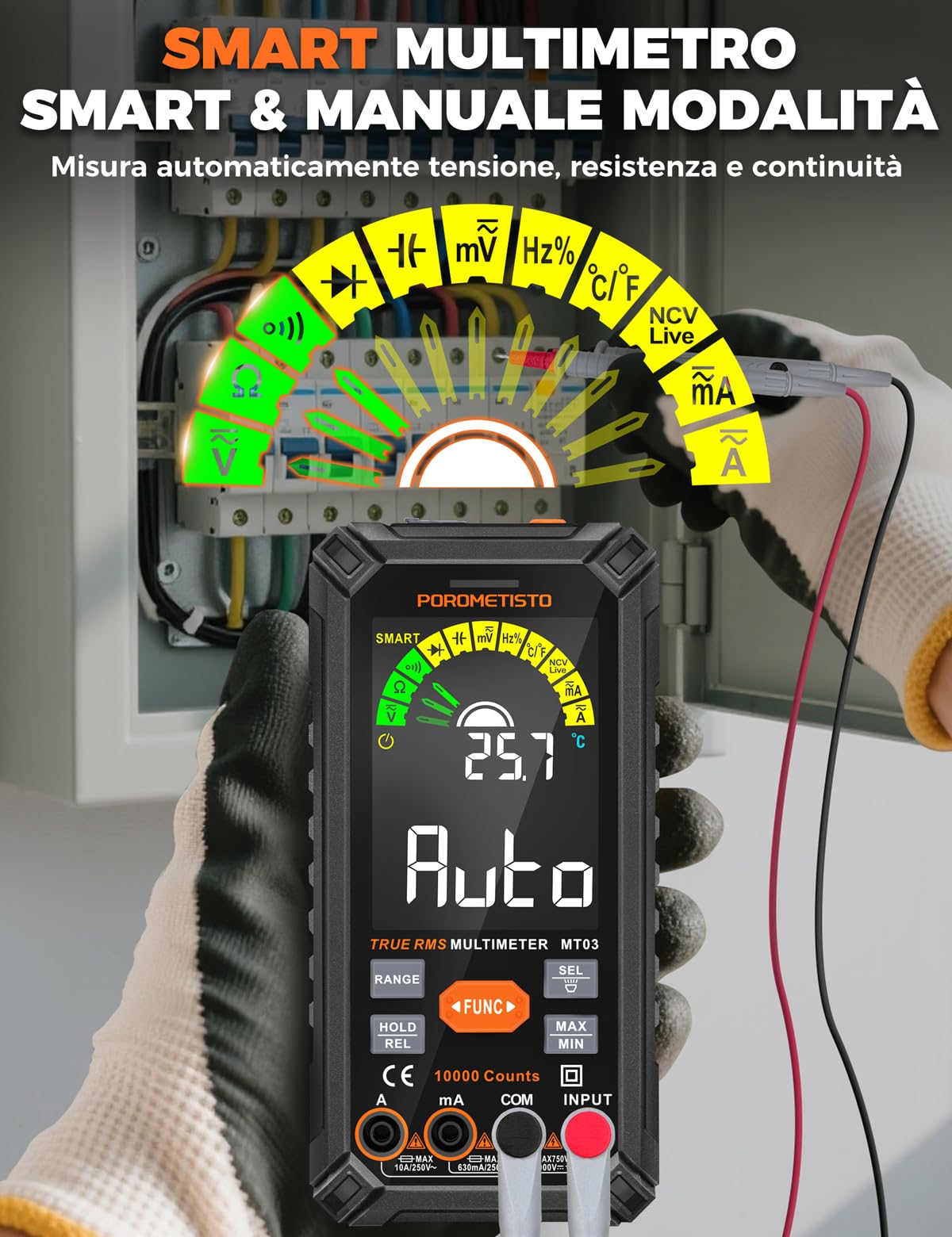 Multimetro Digitale Professionale POROMETISTO TRMS 10000 conteggi, 750V CA/ 1000V CC Ricaricabile con Auto Gamma, Misura Tensione Corrente Resistenza Continuità Capacità Frequenza Diodo TEM