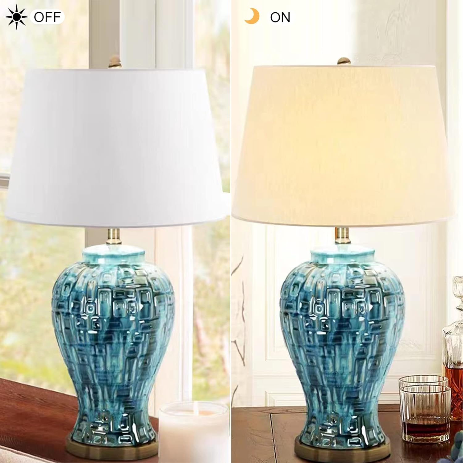 PURESILKS Modern Blue Ceramic & Linen Table Lamp with Off White Linen Drum Shade for Living Room, Bedroom, Home Office