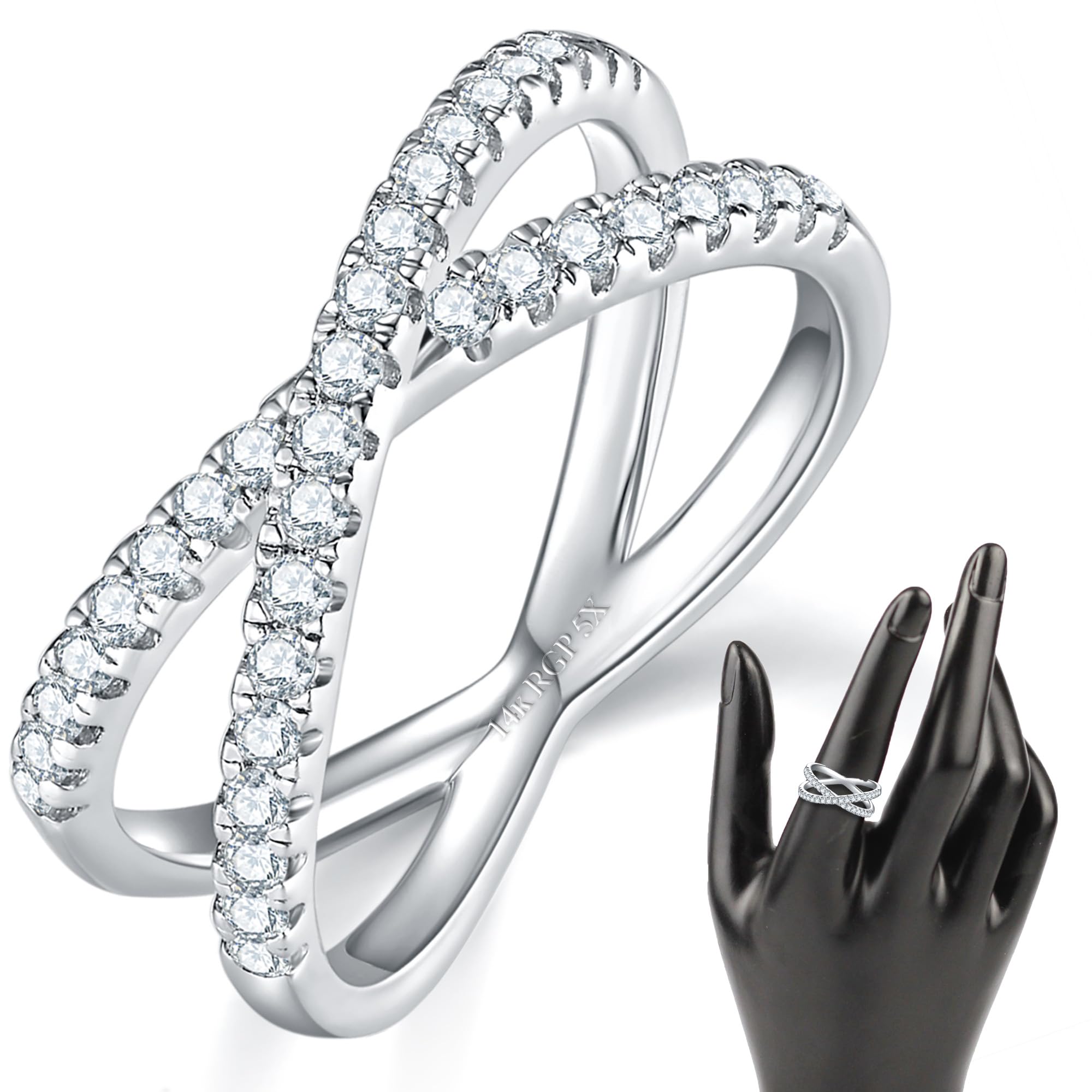 MINDDHA 14K Gold/White Gold Plated Cubic Zirconia Rings- Criss Cross X Statement Rings-1.5mm 2mm Band Size 4-12