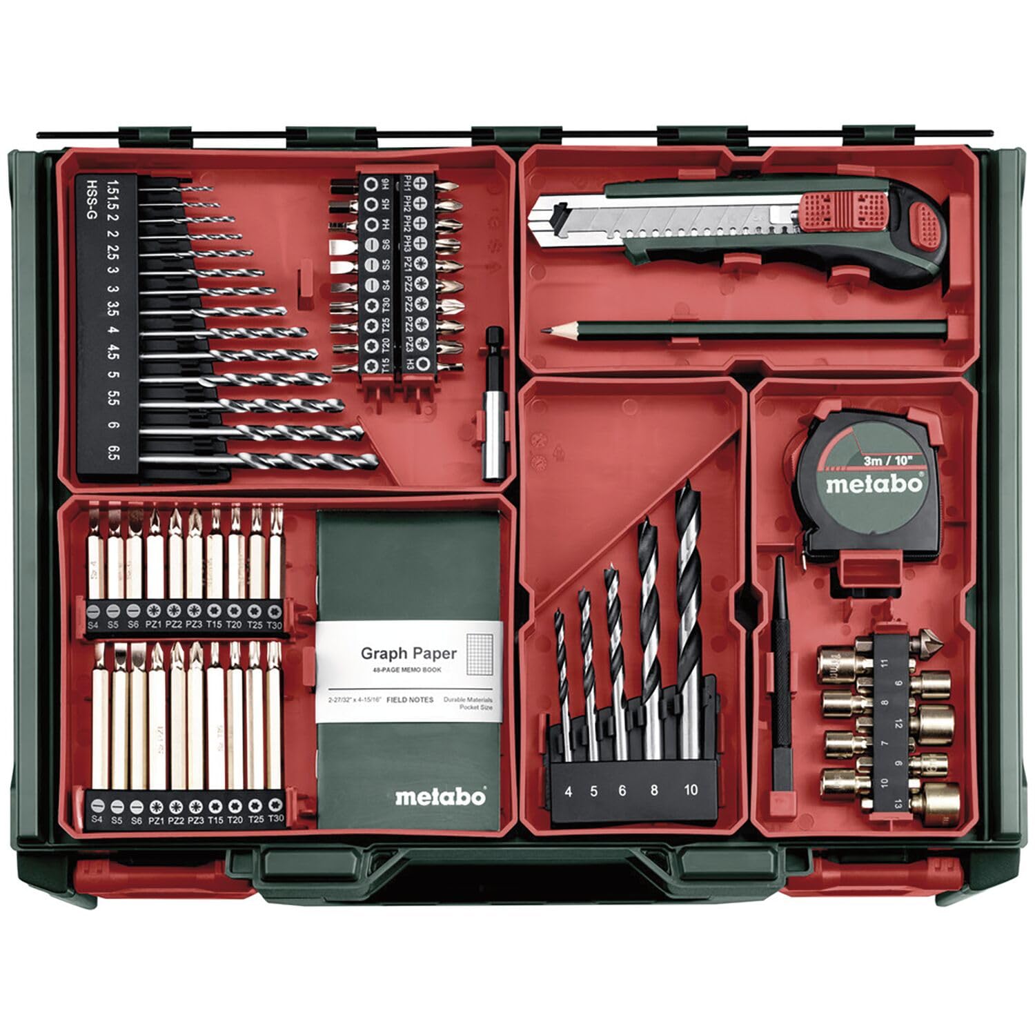 Metabo BS 18 Quick Set 602217710 wiertarko-wkrętarka akumulatorowa (18 V 2 x 2 Ah LiPOWER, ładowarka SC 30, walizka z tworzywa sztucznego z 74-częściowym mobilnym warsztatem)