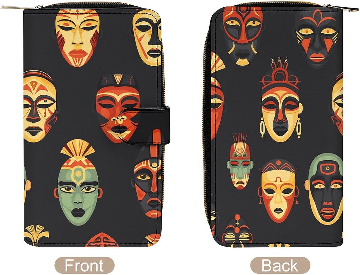 Long Leather Wallet Zipper Small Wallet Credit Card Wallet Tribal Mask Pattern Printed Coin PocketKey Bag Holiday Gifts Unisex Passcase