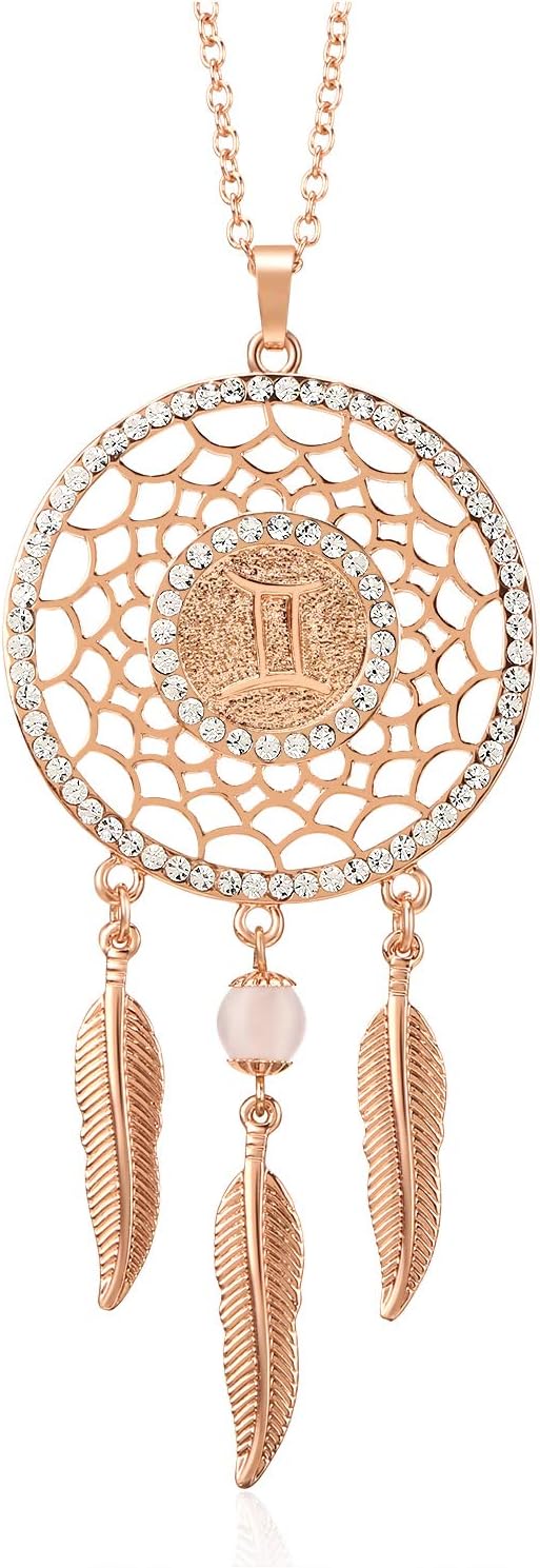 Mini Dream Catcher Car Rear View Mirror Hanging Accessories, Boltz Zodiac Sign Car Charm Boho Dangling Feather Tassel Bead Pendant 12 Constellation Decor for Women (Gemini)