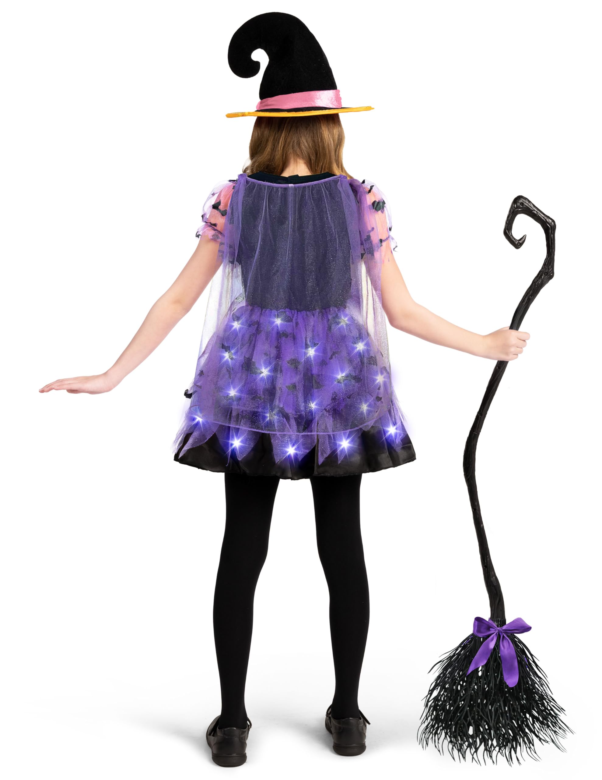 Spooktacular Creations Dziewczęcy kostium czarownicy z efektem świecenia, kostium dla dzieci z kapeluszem i miotłą na imprezy Halloween