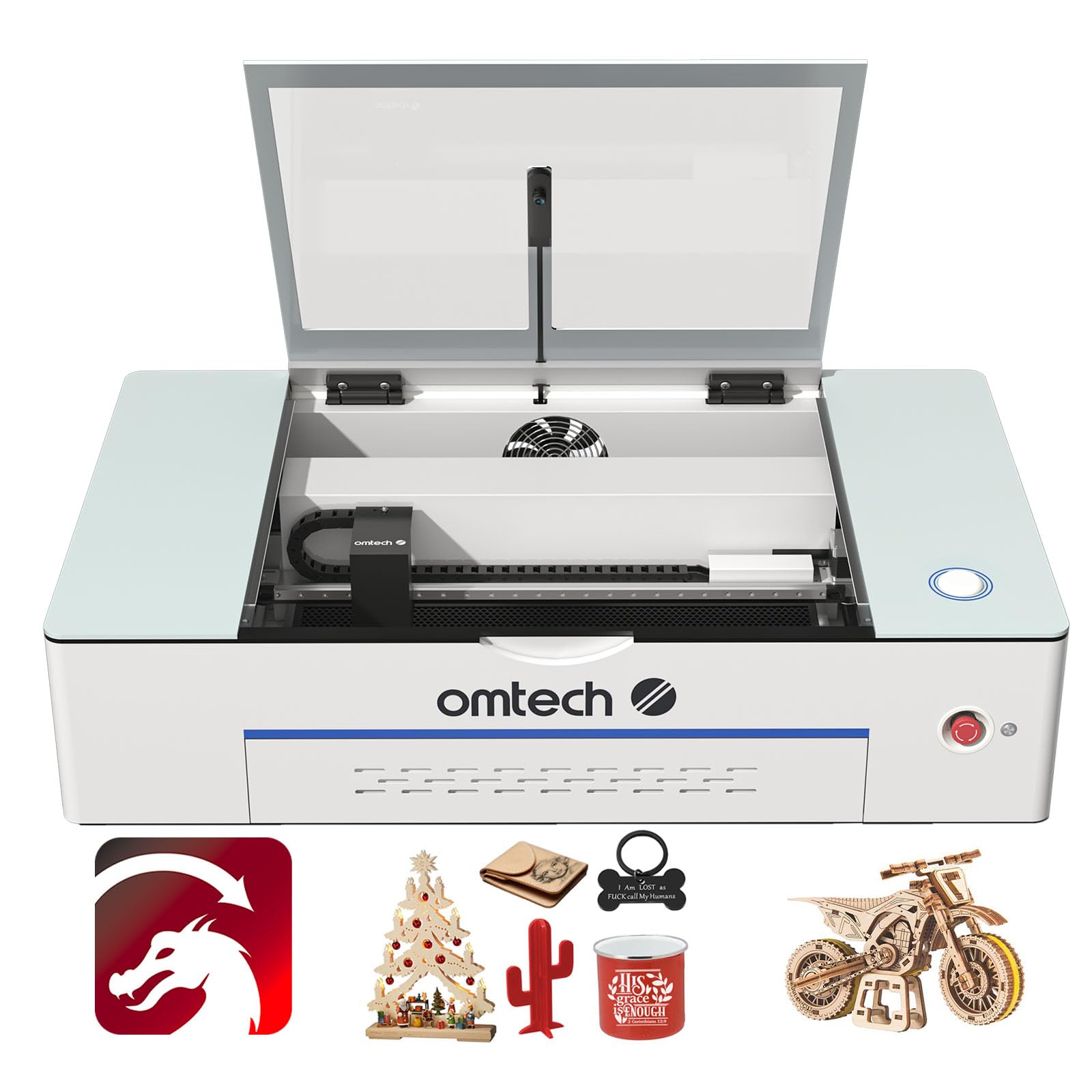 OMTechPolar 50W CO2 Laser Engraver Cutter, Desktop Laser Engraving Cutting Machine with 2 Rotary Axes 300x510mm Workbed 5MP Camera Water Chiller Fume Extractor Lightburn Compatible for Wood Acrylic