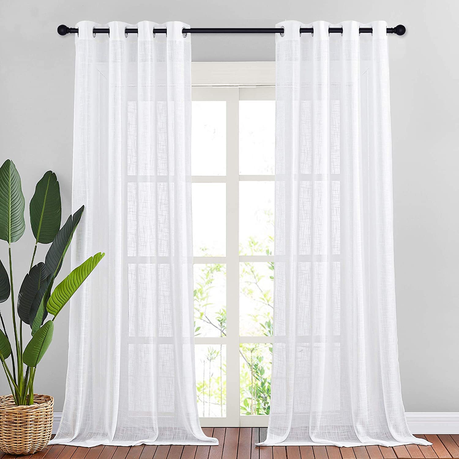PONY DANCE White Net Curtains for Windows - Linen Look Voile Curtains 90 Drop Pair for Living Room/Bedroom/Patio Door, Lightweight Sheer Panels with Elegant Eyelet Top, 52 x 90 Inches, Set of 2