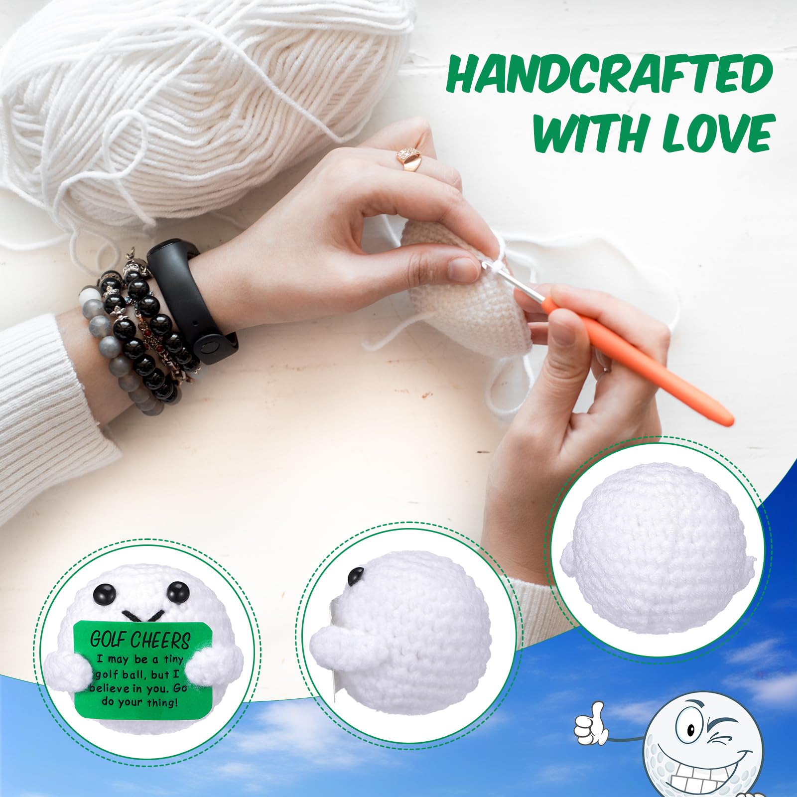 Yousoontic Paquete de 12 regalos de golf positivos, regalos de pelota de golf de ganchillo, apoyo emocional, regalos de golf, divertidos regalos de escritorio de golf para mujeres, hombres, golfistas,