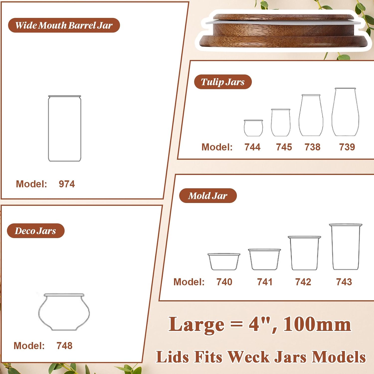 4 Pack Lids for Weck Jars 100mm Opening Acacia Tulip Glass Jar Lid with Silicone Airtight Jar Wooden Lids Fits for Weck Jar Models 738 739 740 741 742 743 744 745 748 974