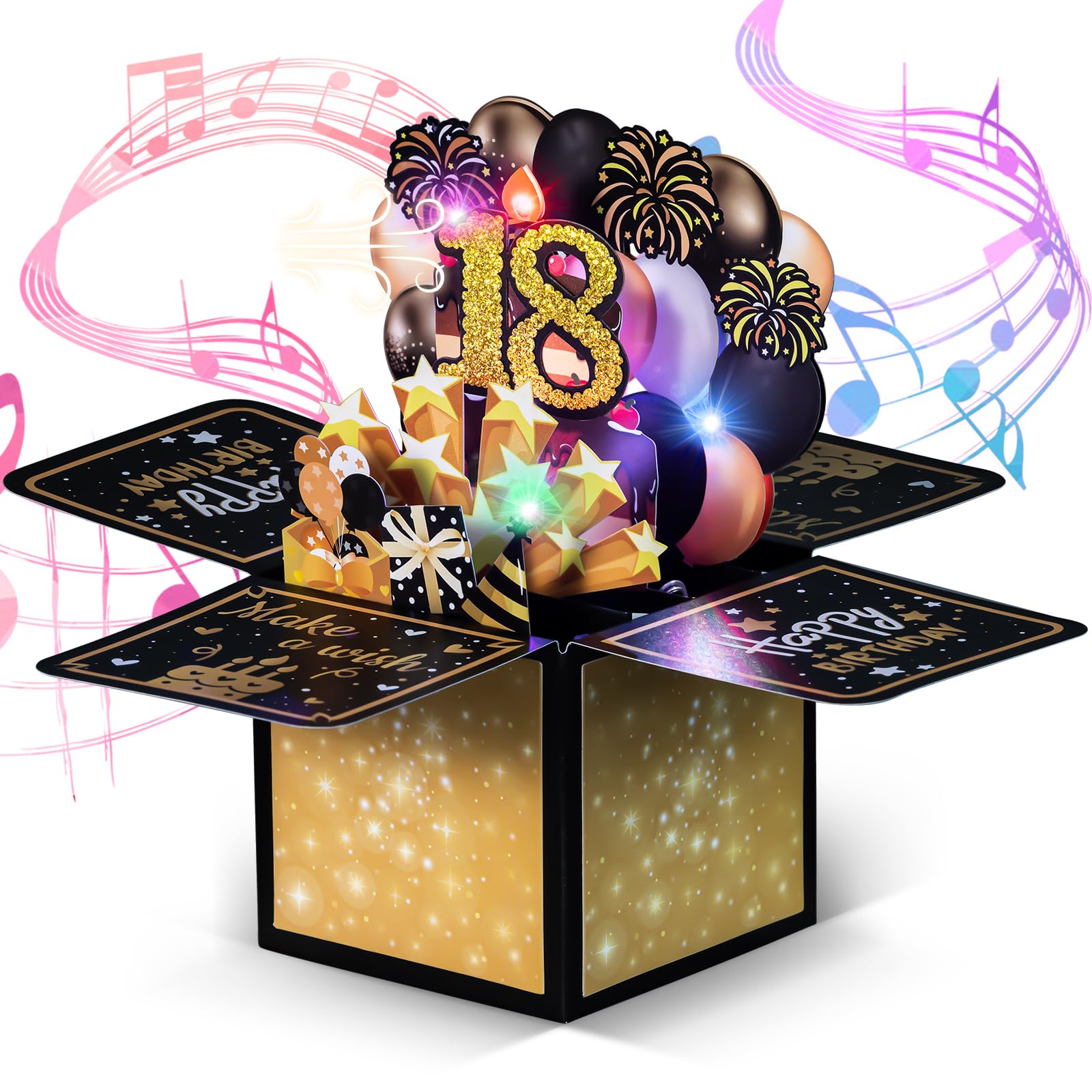 Joyoldelf 3D Pop Up 18th Birthday Card - LED Light & Sound Musical Birthday Cards with Blowable Candle, Note Sheet & Envelope - Gold Explosion Box Happy Birthday Card for 18 Years Old