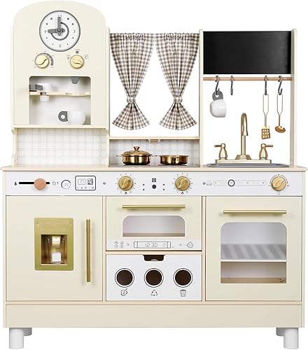 Miniatura 2 de Juego de cocina blanco de madera para niños con altura ajustable + juguetes de cortar alimentos - Juego de juego de simulación 3 en 1 para edades de