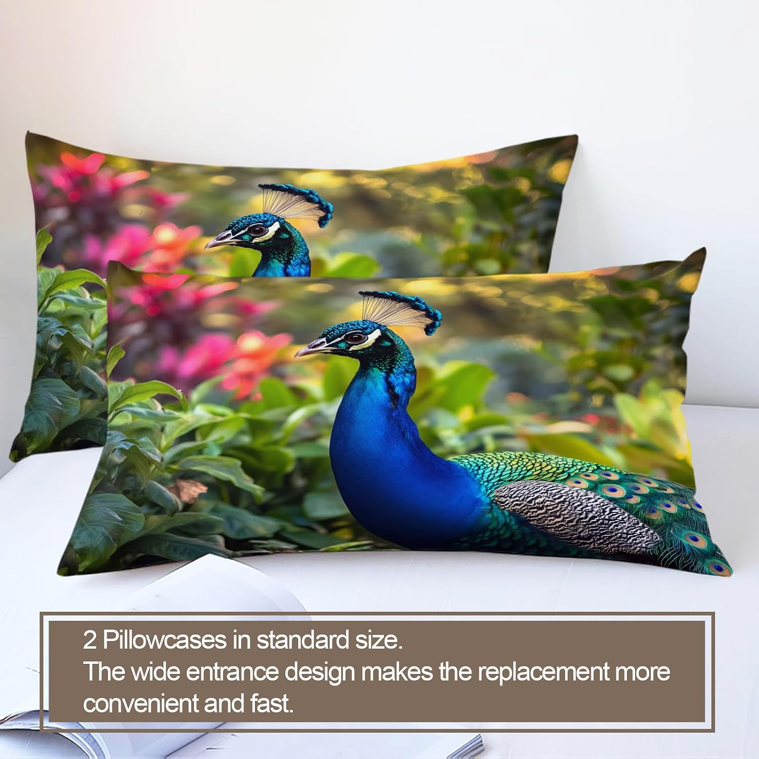 Peacock Duvet Cover, Animal Print Bedding Set Cover for Kids Boys Girls Teens, Reversible Floral Duvet Cover with Zipper Closure and 2 Pillow Shams, Twin Size 68"x90"