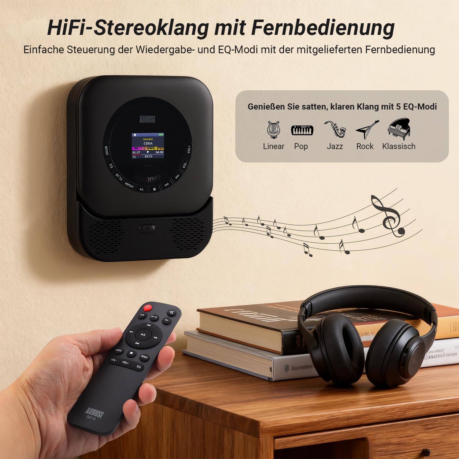 August SE15 Tragbarer Bluetooth 5.3 CD Player mit Lautsprecher 3,5mm Audio In/Out Wiederaufladbar CD Spieler mit USB/Equalizer/Überspringschutz/Wiederholungsmodus/Wandhalterung/Ohrhörer&Fernbedienung