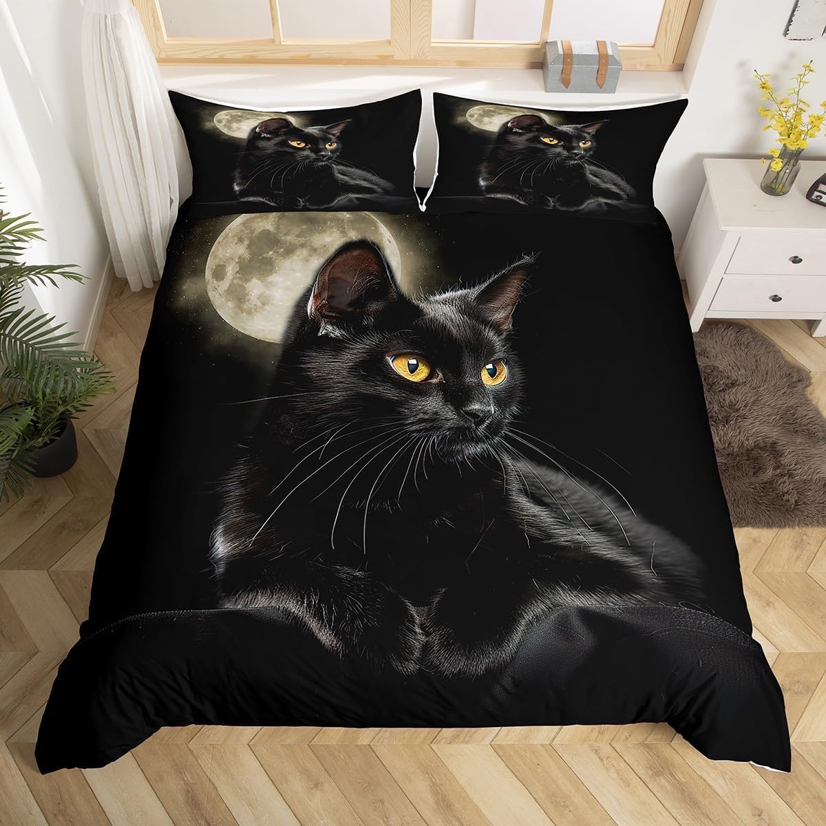 Homemissing Gatto Parure da letto Carino Modello di Gatto Nero Copripiumino 200 x 200 cm Animali stampato Ragazza Ragazzo Copripiumino Fattoria Gatto Decorazione Biancheria da letto Set con 2 federe