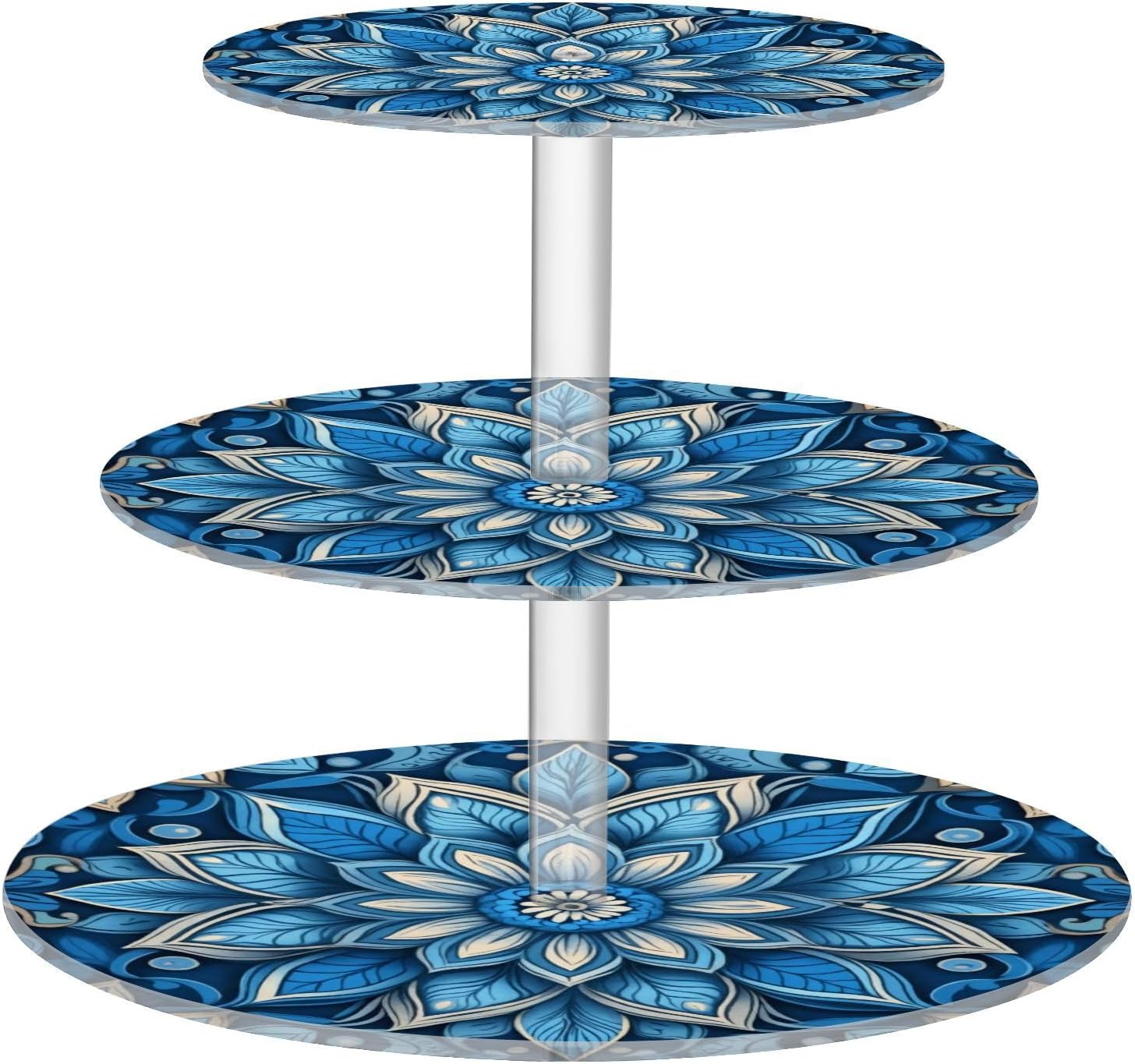 Blue Mandala Pattern Cupcake Stand 3-Tier Round Acrylic Cupcake Tower Dessert Display Stand for Parties, Wedding, Birthday, 8.3" x 11", Transparent