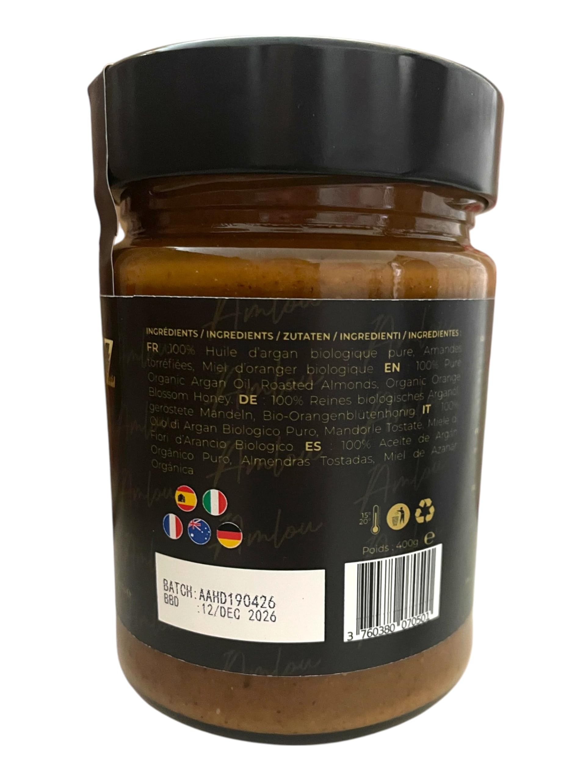 Pâte à tartiner 100% naturelle, amlou aux amandes à l'huile d'argan et miel d'oranger - Pâte à tartiner 100% Pur & Naturelle - Pot de 400g